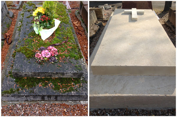 Nettoyage d'une très vielle pierre tombale en pierre ou beton